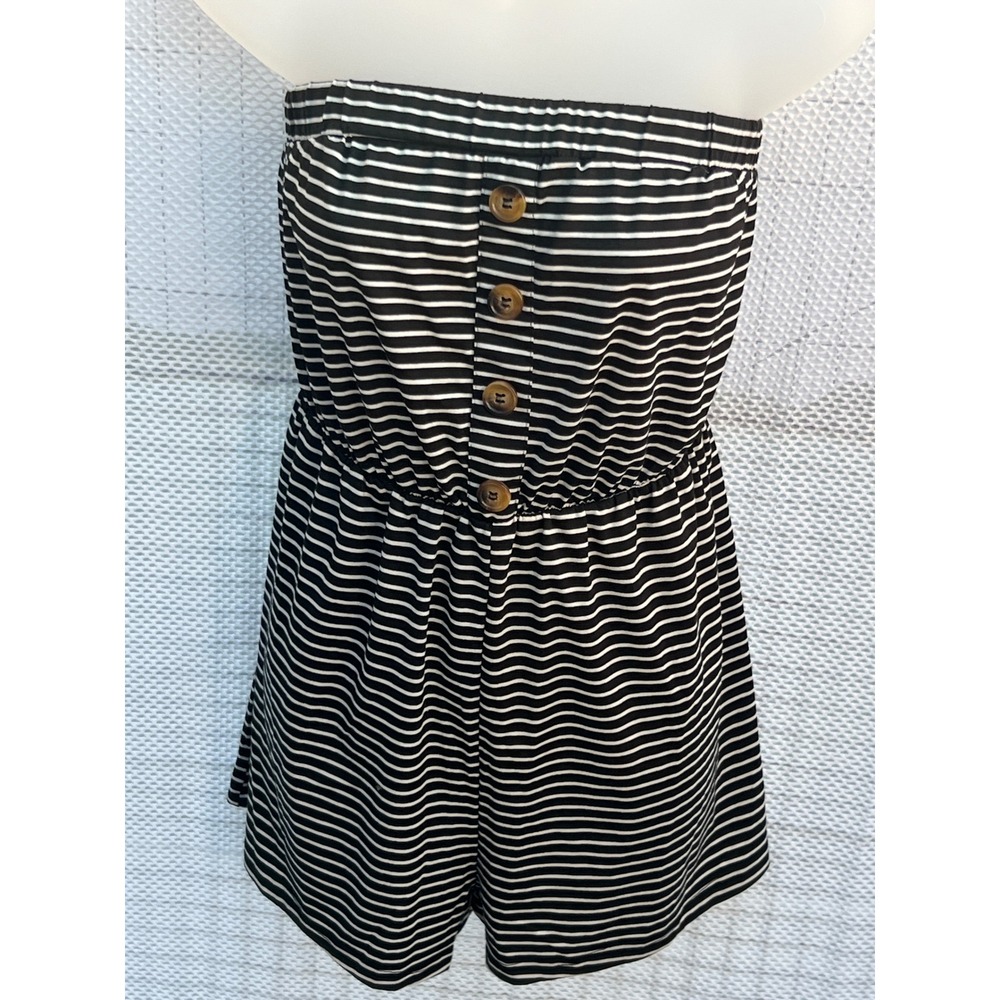 SHEIN Strapless Romper XL Black White Striped Button Front Y2K Style
